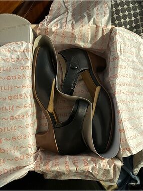 Easy Spirit Black and Brown Kitten Heels with Button Ankle Strap